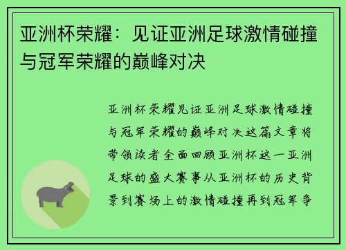 亚洲杯荣耀：见证亚洲足球激情碰撞与冠军荣耀的巅峰对决