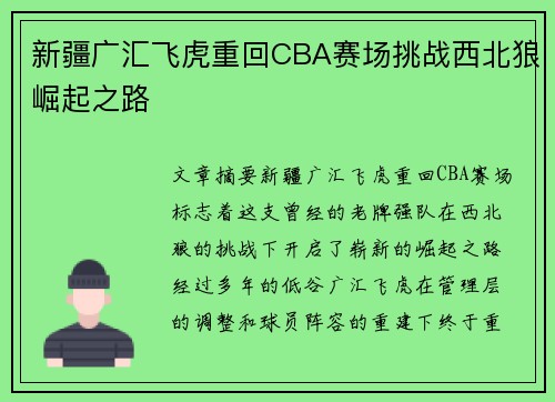 新疆广汇飞虎重回CBA赛场挑战西北狼崛起之路